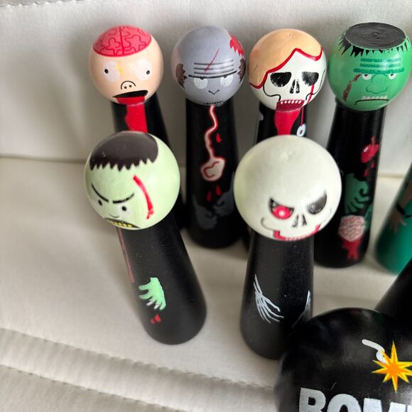 Front Porch Classics Tabletop BOWLING ZOMBIES Real Wooden Pins & Ball Game - Picture 5 of 8